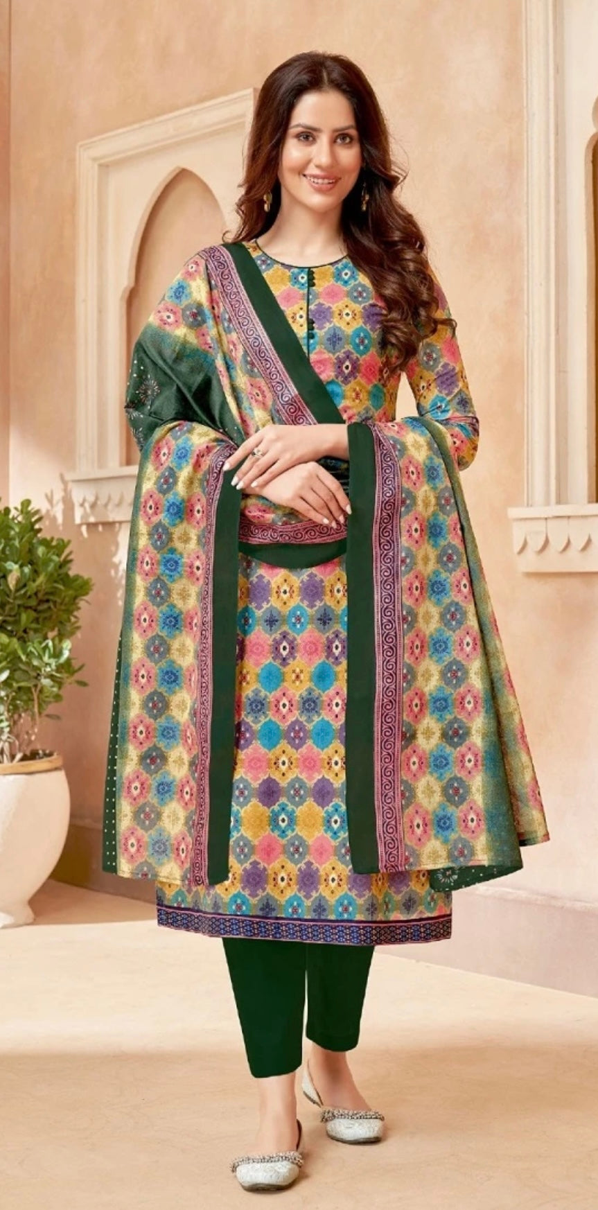 Multicoloured Salwar Kameez with Geometric Pattern Print