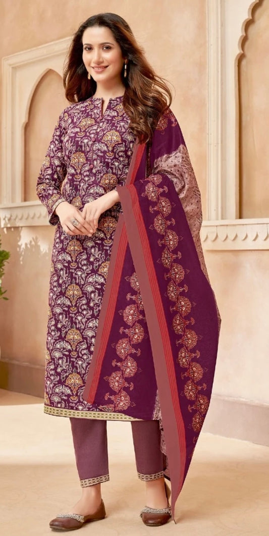 Plum Coloured Salwar Kameez with Ornate Pattern Print
