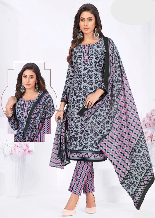 Pink and Blue Salwar Kameez with Graphic Flower Pattern Print
