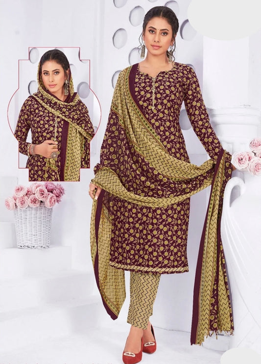 Burgundy and Old Gold Salwar Kameez with Floral Pattern Print