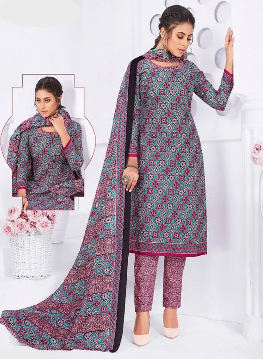 Turquoise and Fuschia Salwar Kameez with Diagonal Geometric Pattern Print