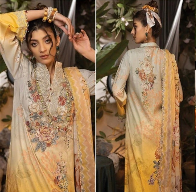 Pastel Yellow and Grey Pakistani Salwar Kameez with Floral Design