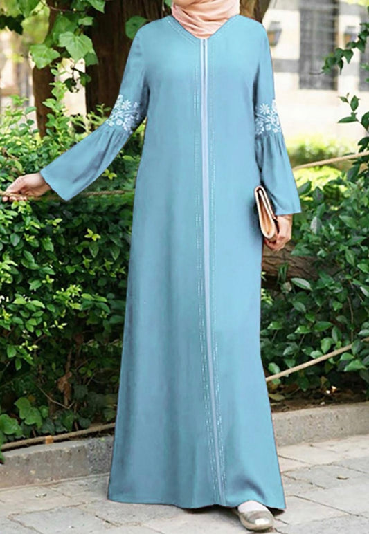 Light-Weight Sky Blue Abaya with Embroidery on Sleeve
