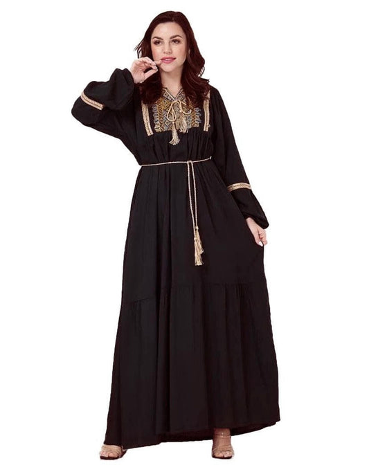Black Abaya with Gold Embellishments and Classic Rope Tie