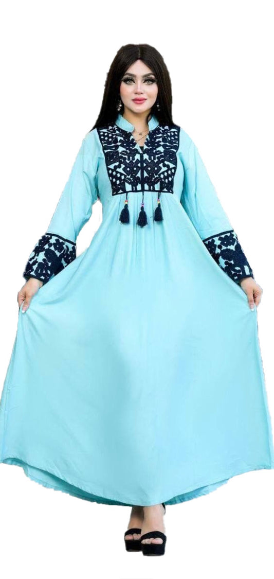 Aqua Abaya with Guipure Lace Bodice and Sleeves