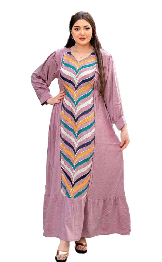 Purple/Pink Linen Embroidered Abaya Dress