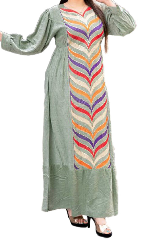Sage Green Linen Embroidered Abaya Dress