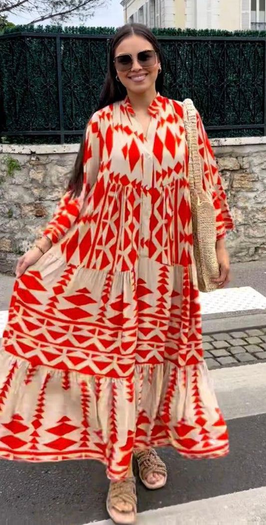 Bright Orange Geometric Patterned Abaya Dress