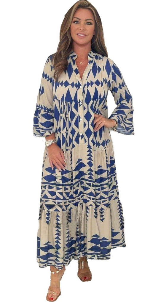 Royal Blue Geometric Patterned Abaya Dress