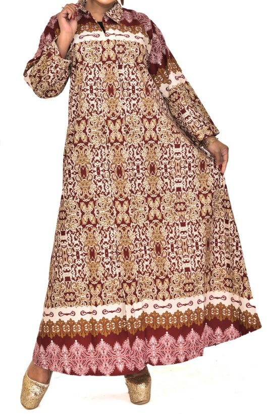 Maroon Arabesque Patterned Abaya