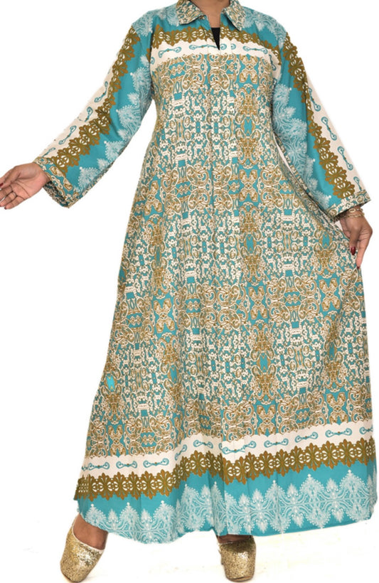 Aqua Arabesque Patterned Abaya