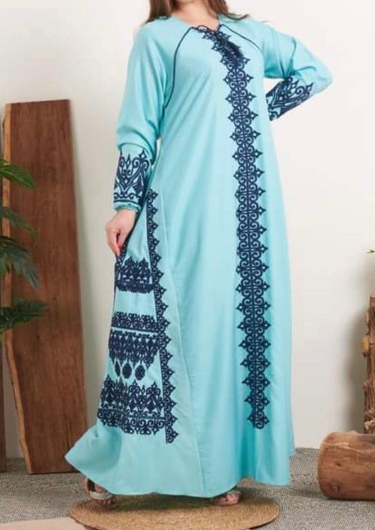 Sky Blue Traditional Style Abaya with Navy Embellishments