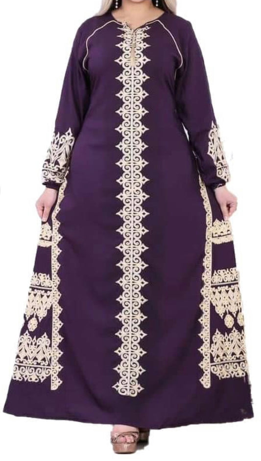 Plum Traditional Style Abaya with Gold Embellishments