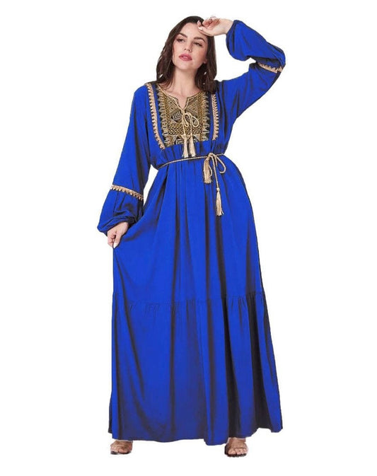 Royal Blue Abaya with Gold Embellishments and Classic Rope Tie