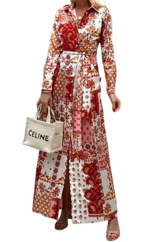 Red Patchwork Design Shirt Dress