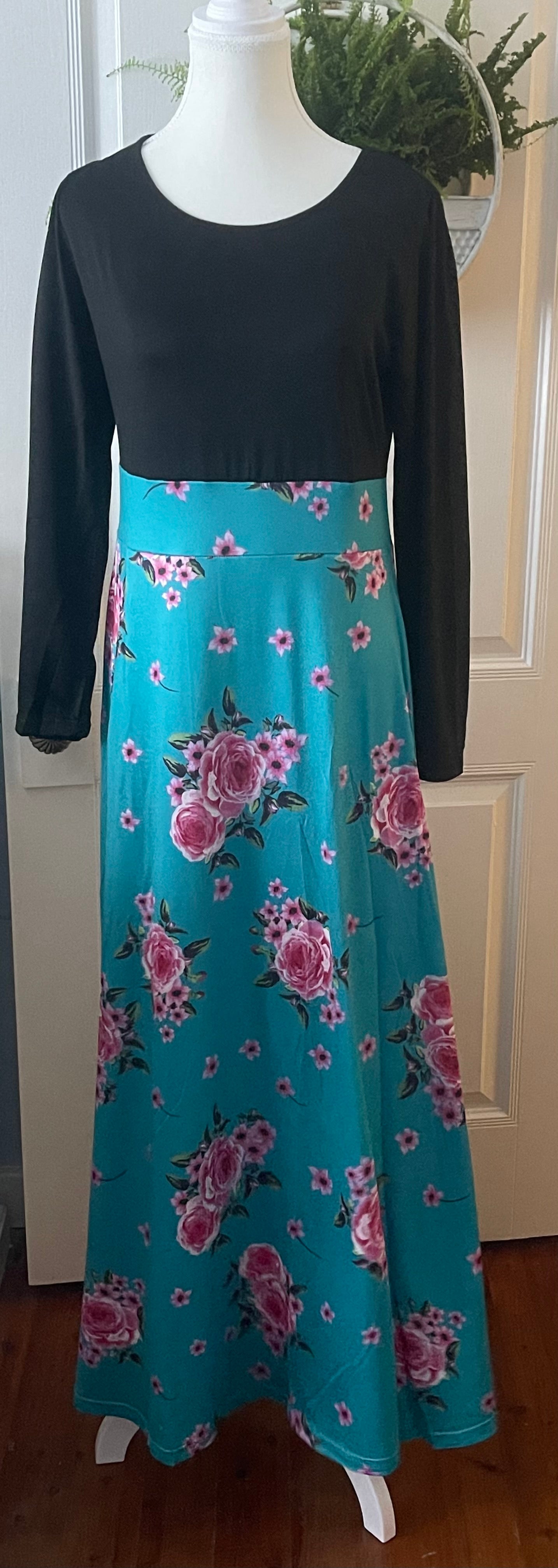Aqua Floral Dress with Black Bodice and Sleeves