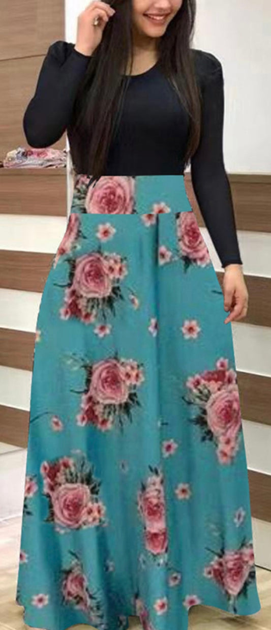 Aqua Floral Dress with Black Bodice and Sleeves