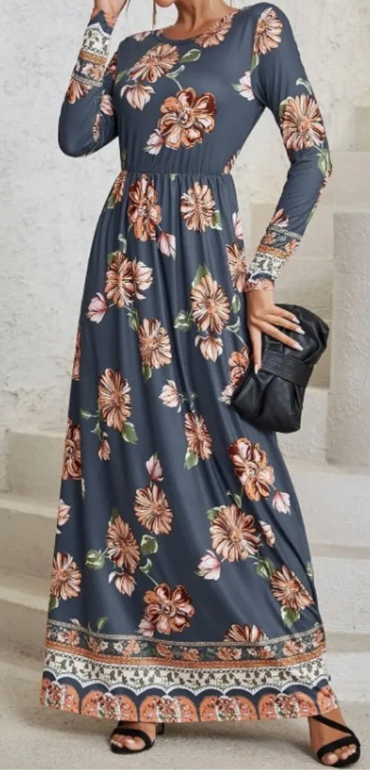 Stormy Grey Tropical Floral Dress