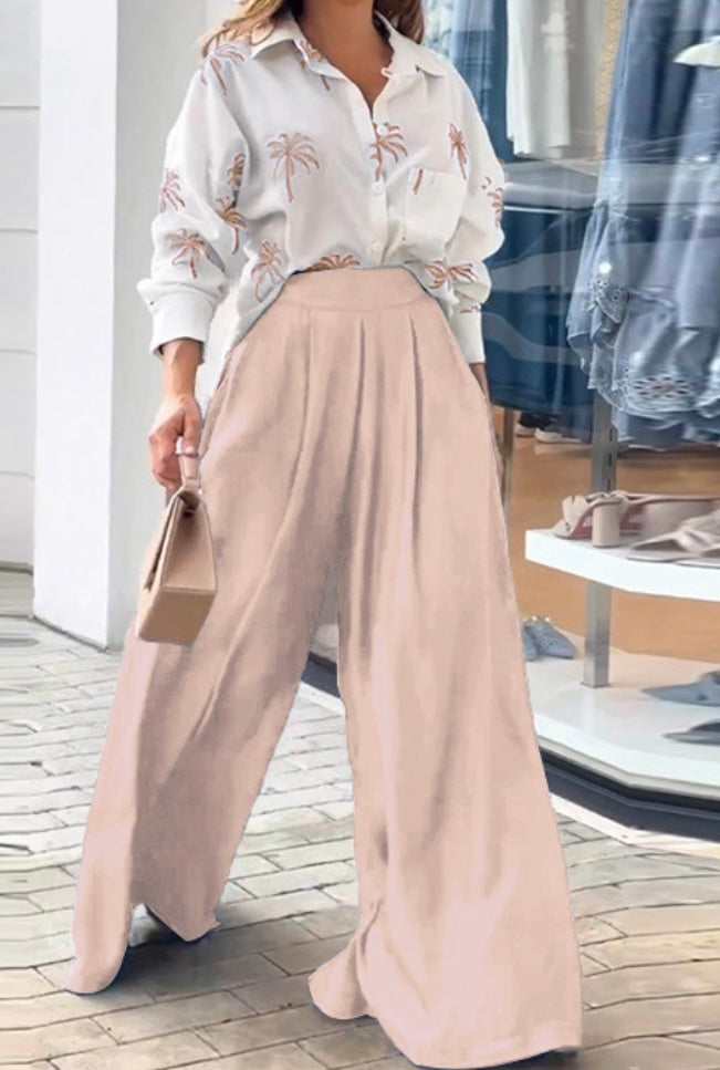 Beige Hawaiian Shirt with Matching Palazzo Pants