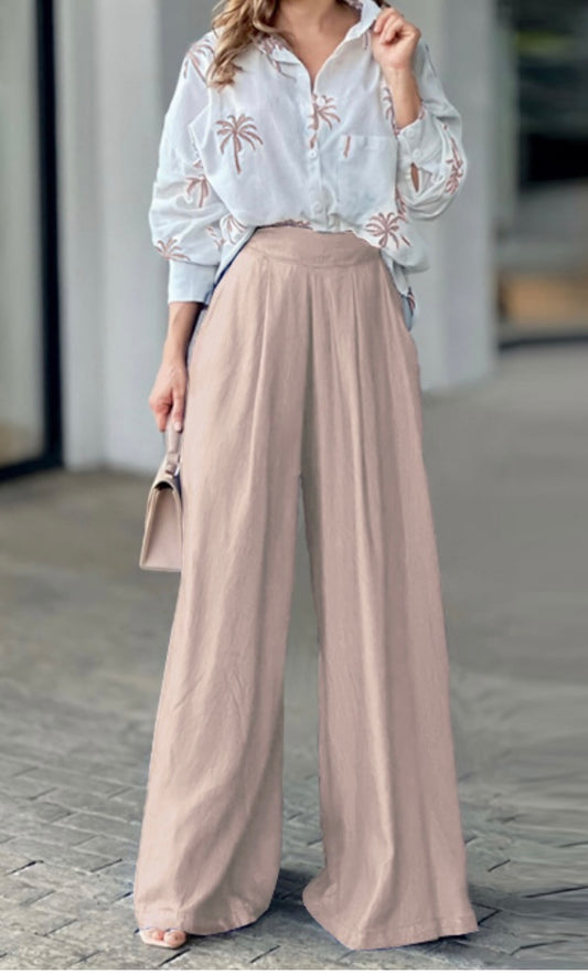 Beige Hawaiian Shirt with Matching Palazzo Pants