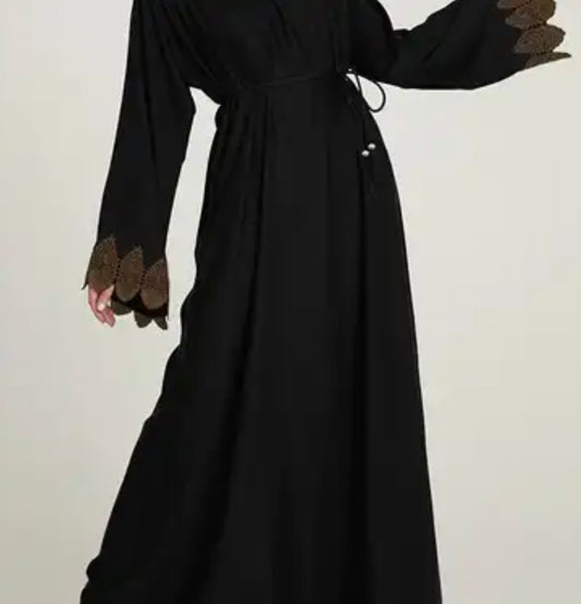 Light-Weight Black Closed Abaya with Bronze Lace Cuff