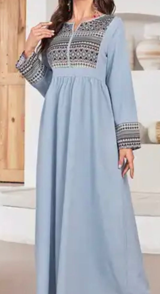 Sadu Inspired Print on French Blue Crepe Dress
