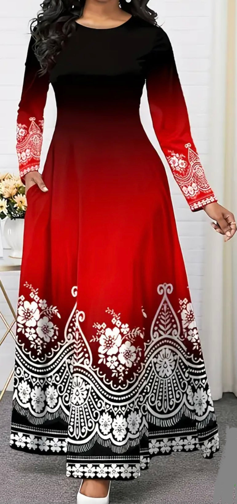 Polynesian Inspired Pattern on a Red and Black Ombré Dress