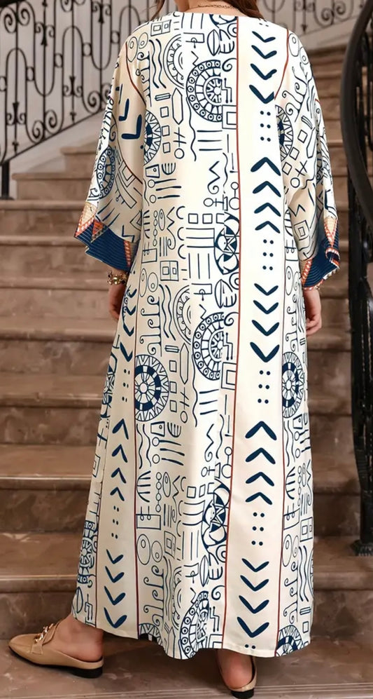 Mayan Inspired Design on Crisp Blue and White Abaya
