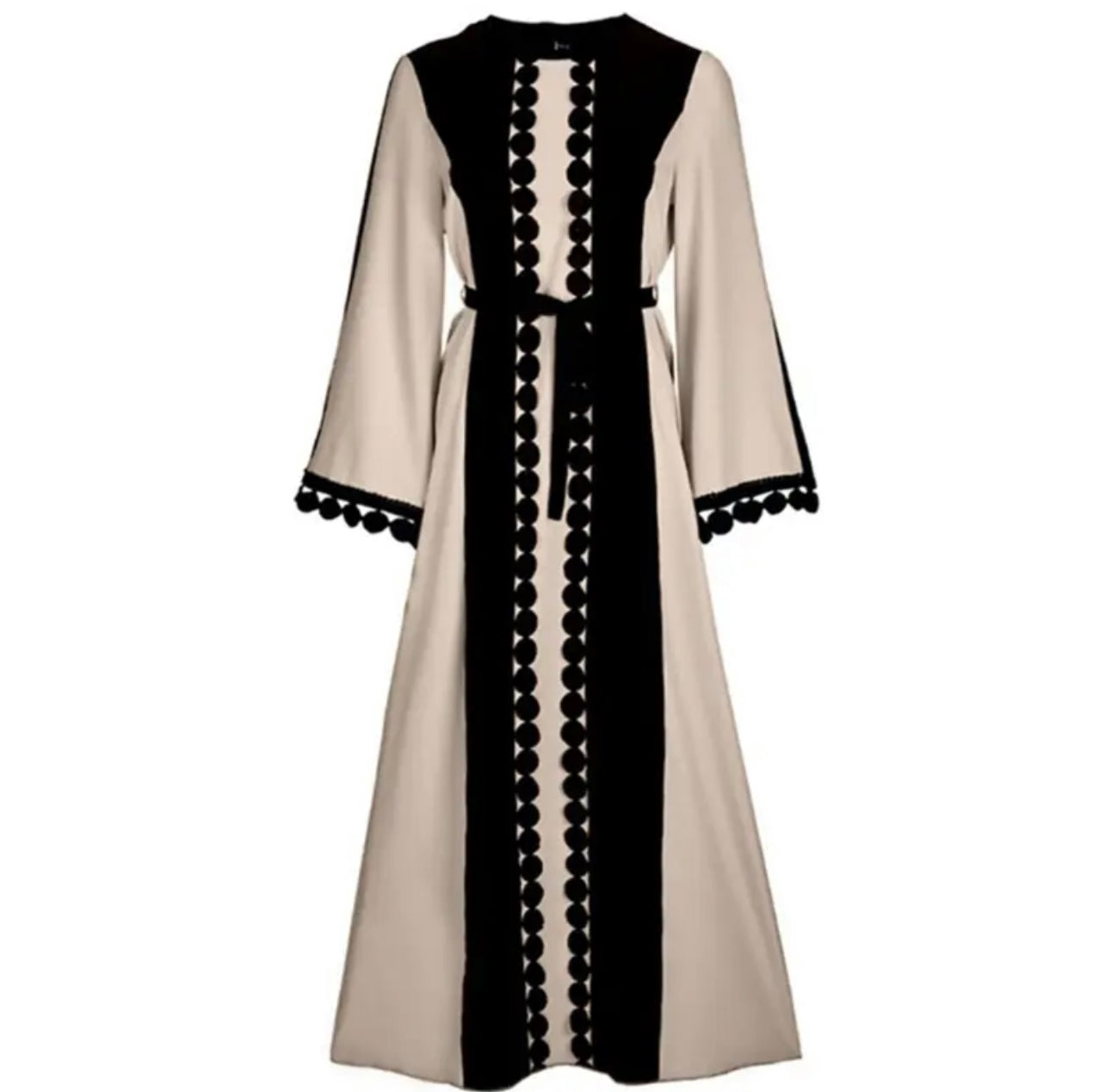 Beige Closed Abaya with Black Lace Embellishments