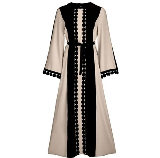 Beige Closed Abaya with Black Lace Embellishments