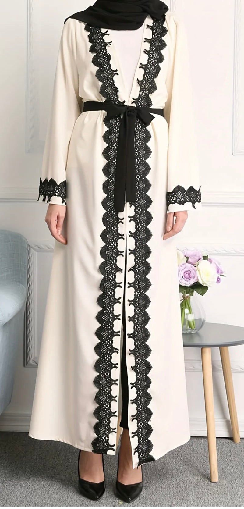 Off-White Open Abaya with Black Lace Trim
