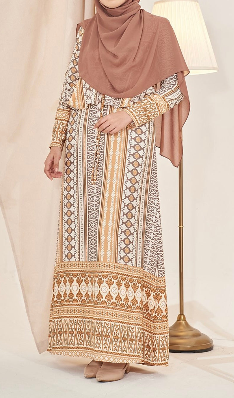 Malaysian Print Dress in Cookie Brown