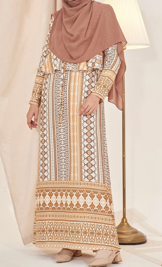 Malaysian Print Dress in Cookie Brown