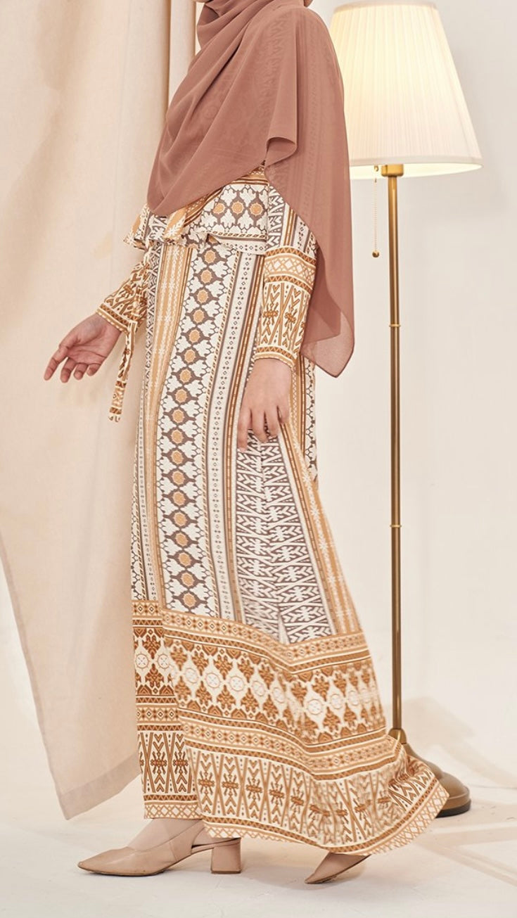 Malaysian Print Dress in Cookie Brown