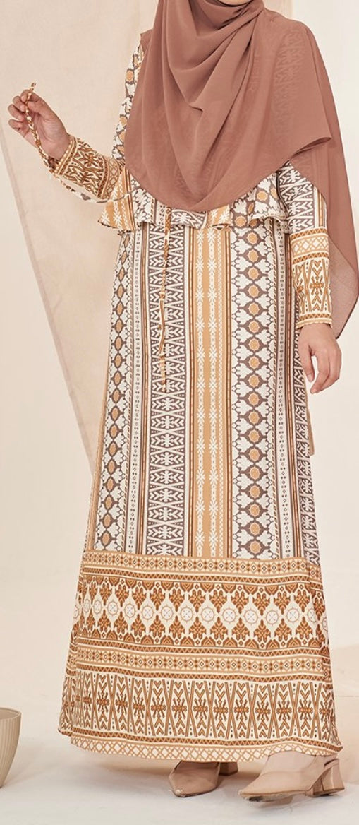 Malaysian Print Dress in Cookie Brown