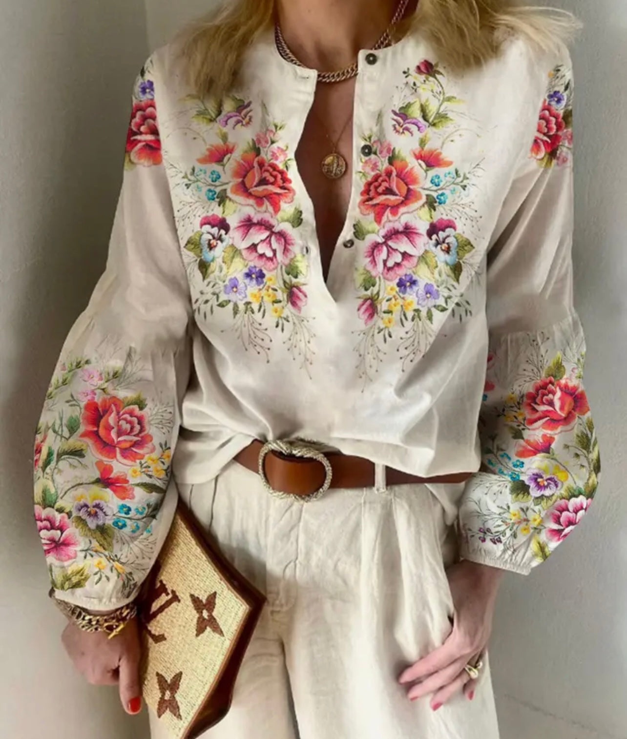 Floral South American Style Blouse with Puffed Sleeves
