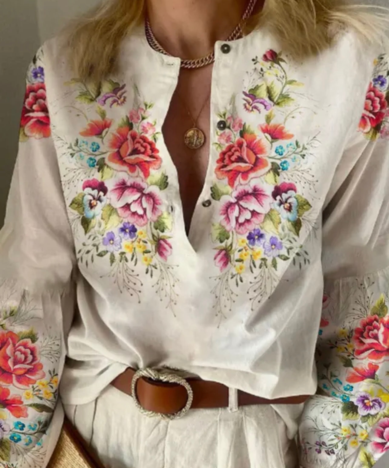 Floral South American Style Blouse with Puffed Sleeves