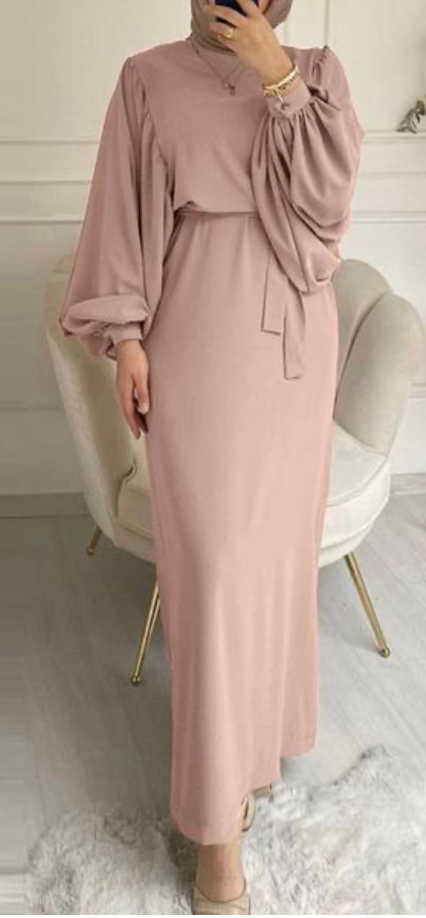 Dusty Pink Abaya Dress with Bishop Sleeves
