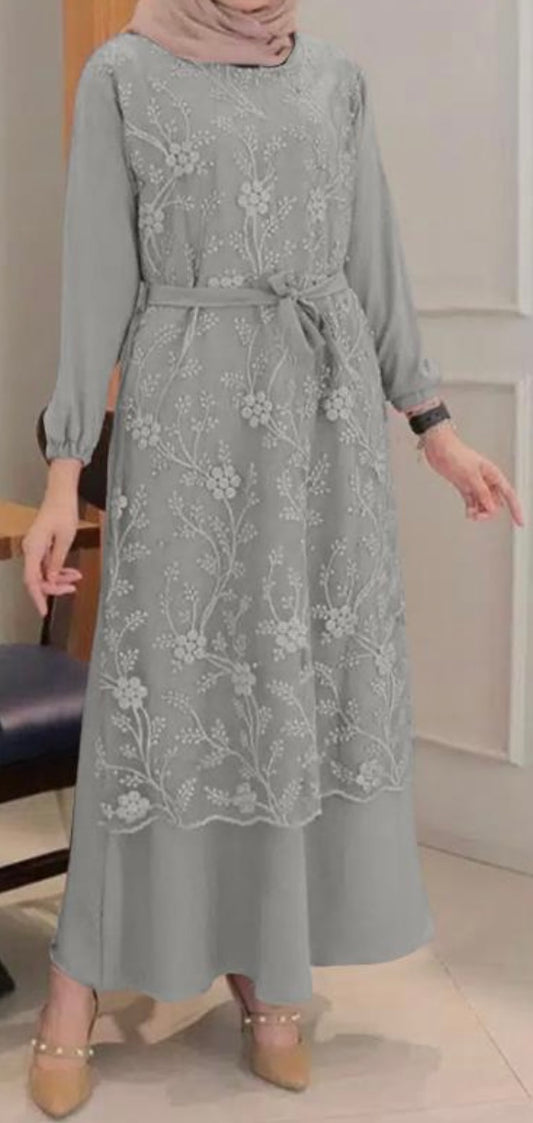Grey Abaya with Lace Overlay