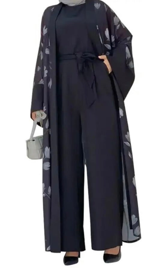 Black Floral Two Piece Abaya Set