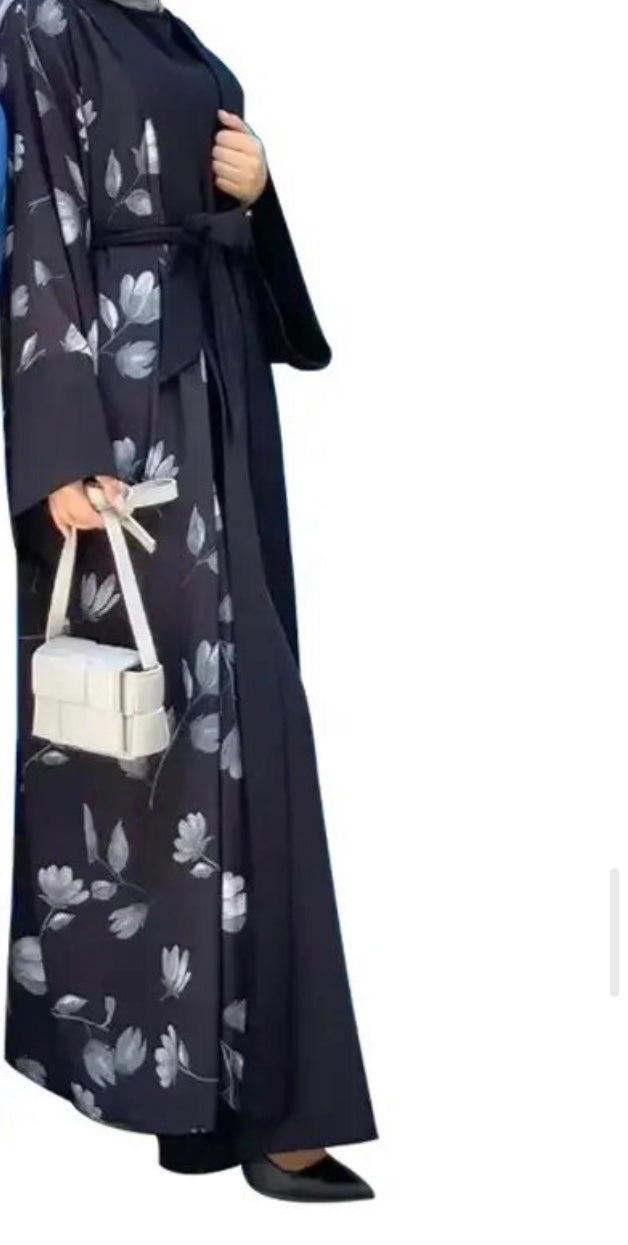 Black Floral Two Piece Abaya Set