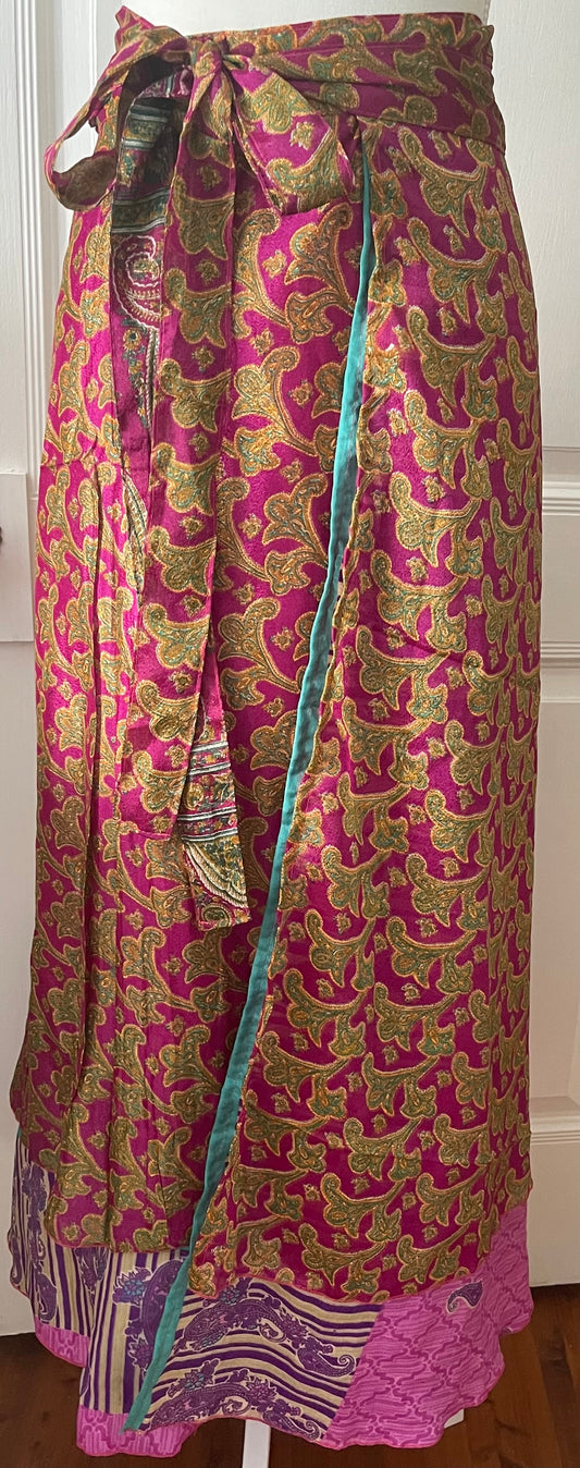 Sari Silk Double Sided Wrapper Skirt - Fuchsia Pink and Purple