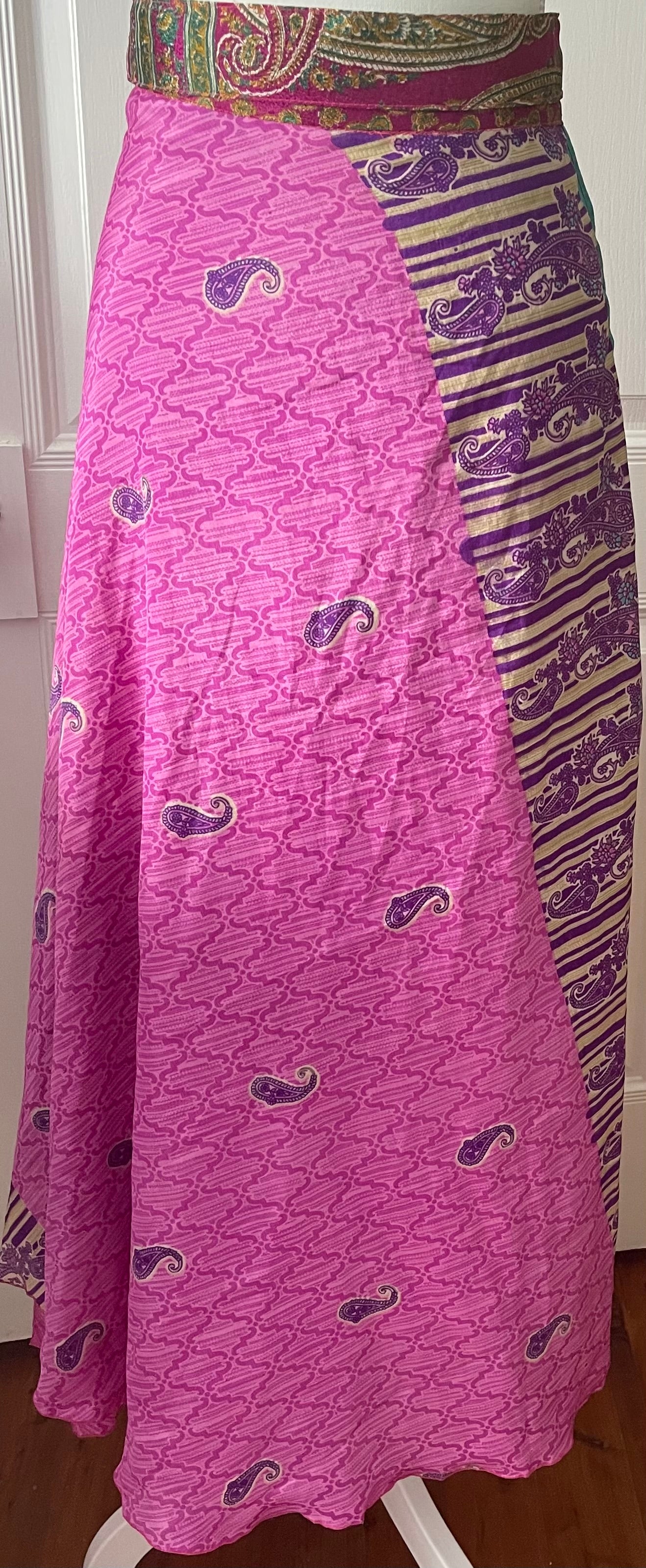 Sari Silk Double Sided Wrapper Skirt - Fuchsia Pink and Purple