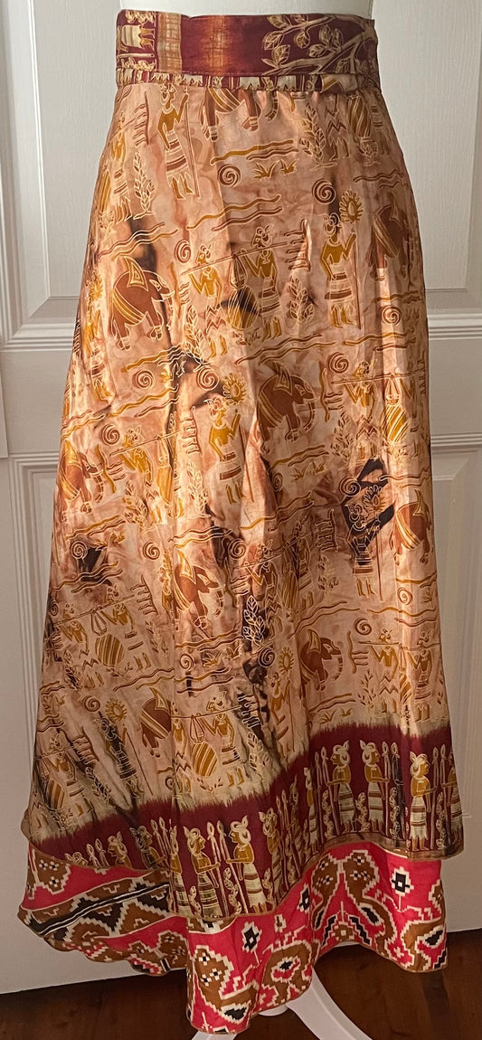 Sari Silk Double Sided Wrapper Skirt - Ochre Reds and Browns