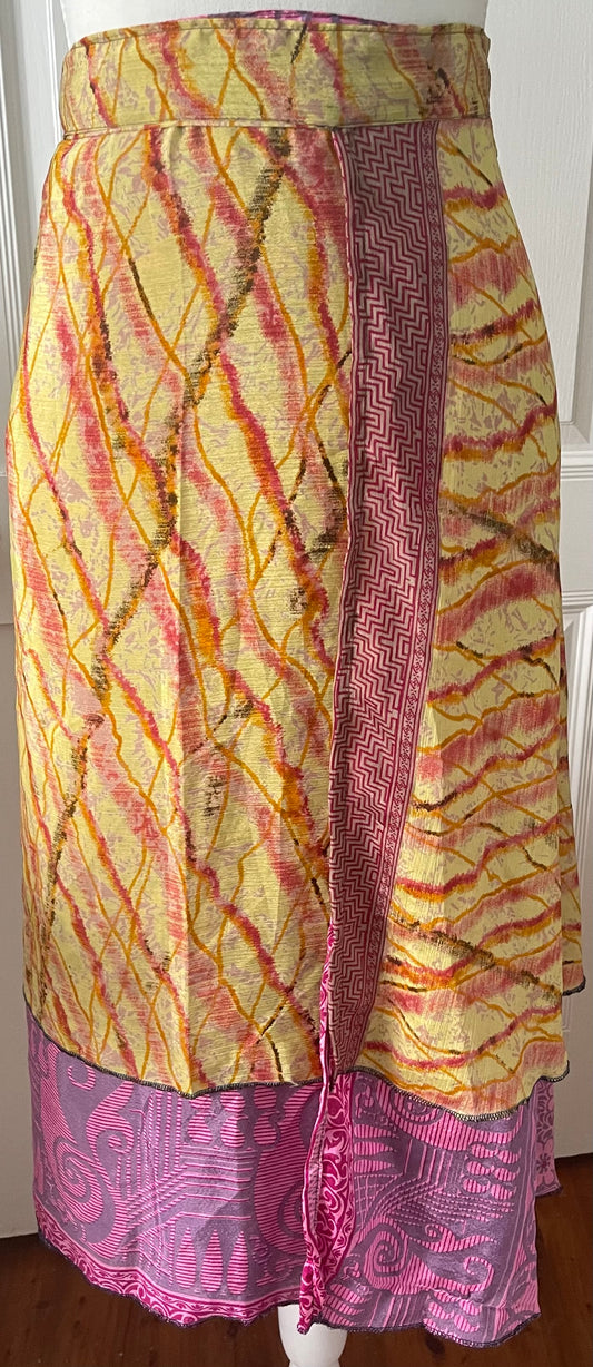 Sari Silk Double Sided Wrapper Skirt - Pink and Golden Yellow
