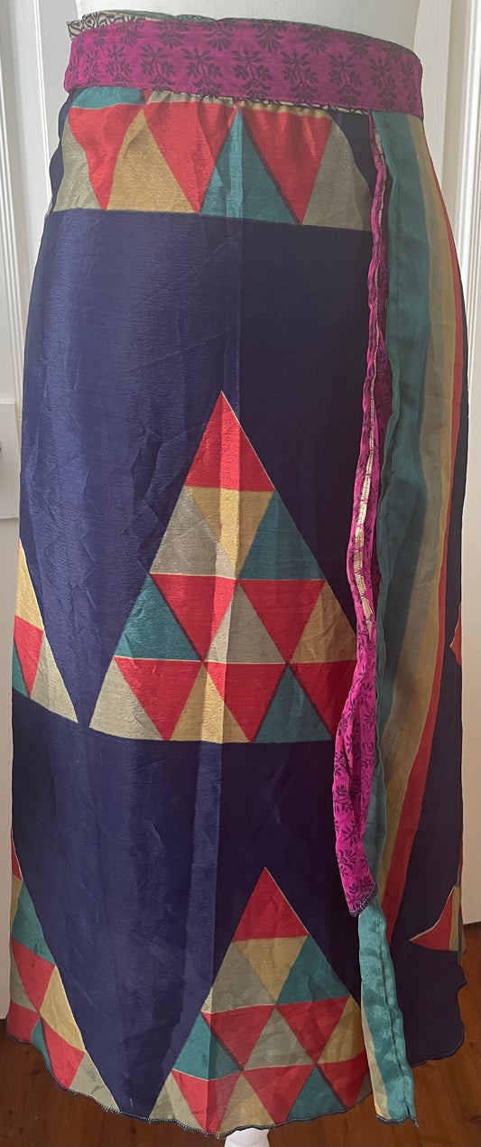 Sari Silk Double Sided Wrapper Skirt - Navy Blue and Pink