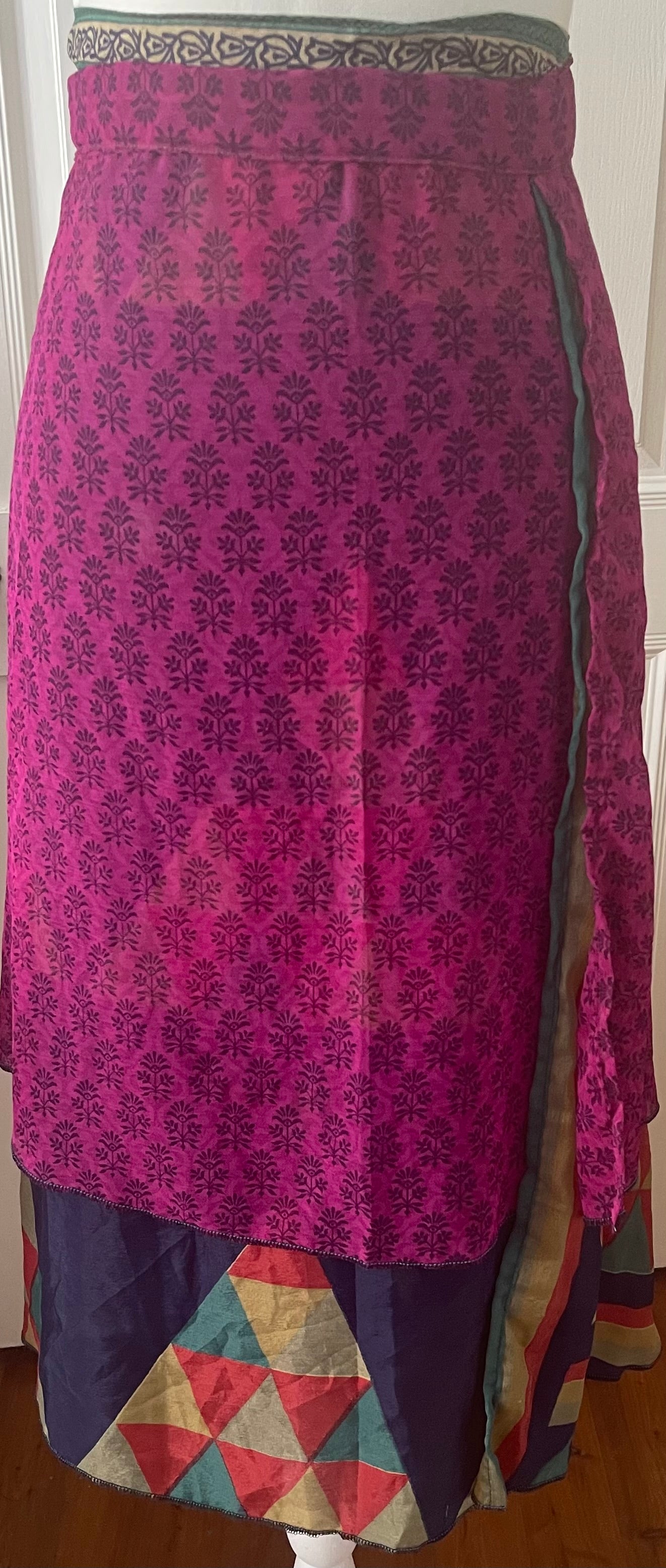 Sari Silk Double Sided Wrapper Skirt - Navy Blue and Pink