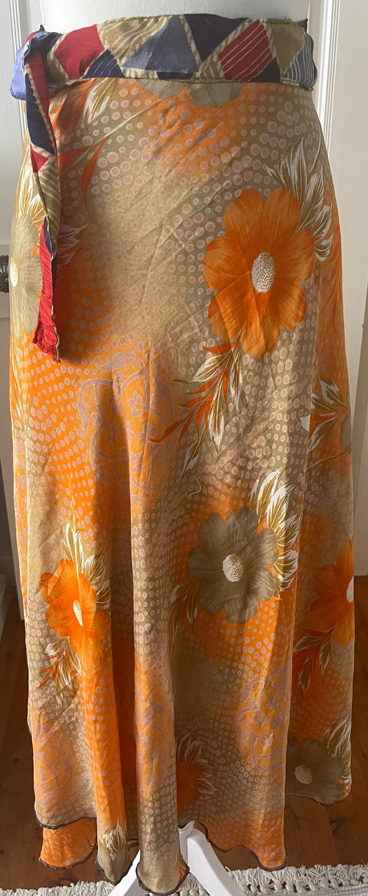 Sari Silk Double Sides Wrapper Skirt - Orange and Warm Beige