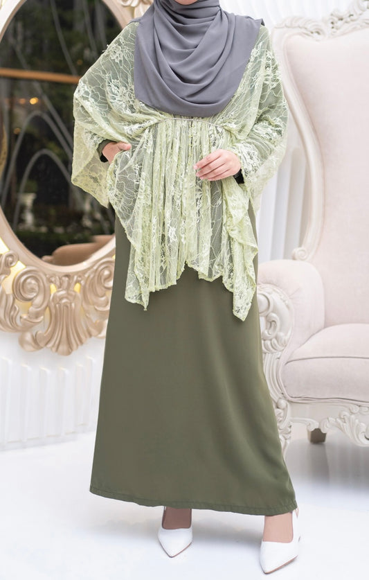 Army Green Ruffled Lace Abaya