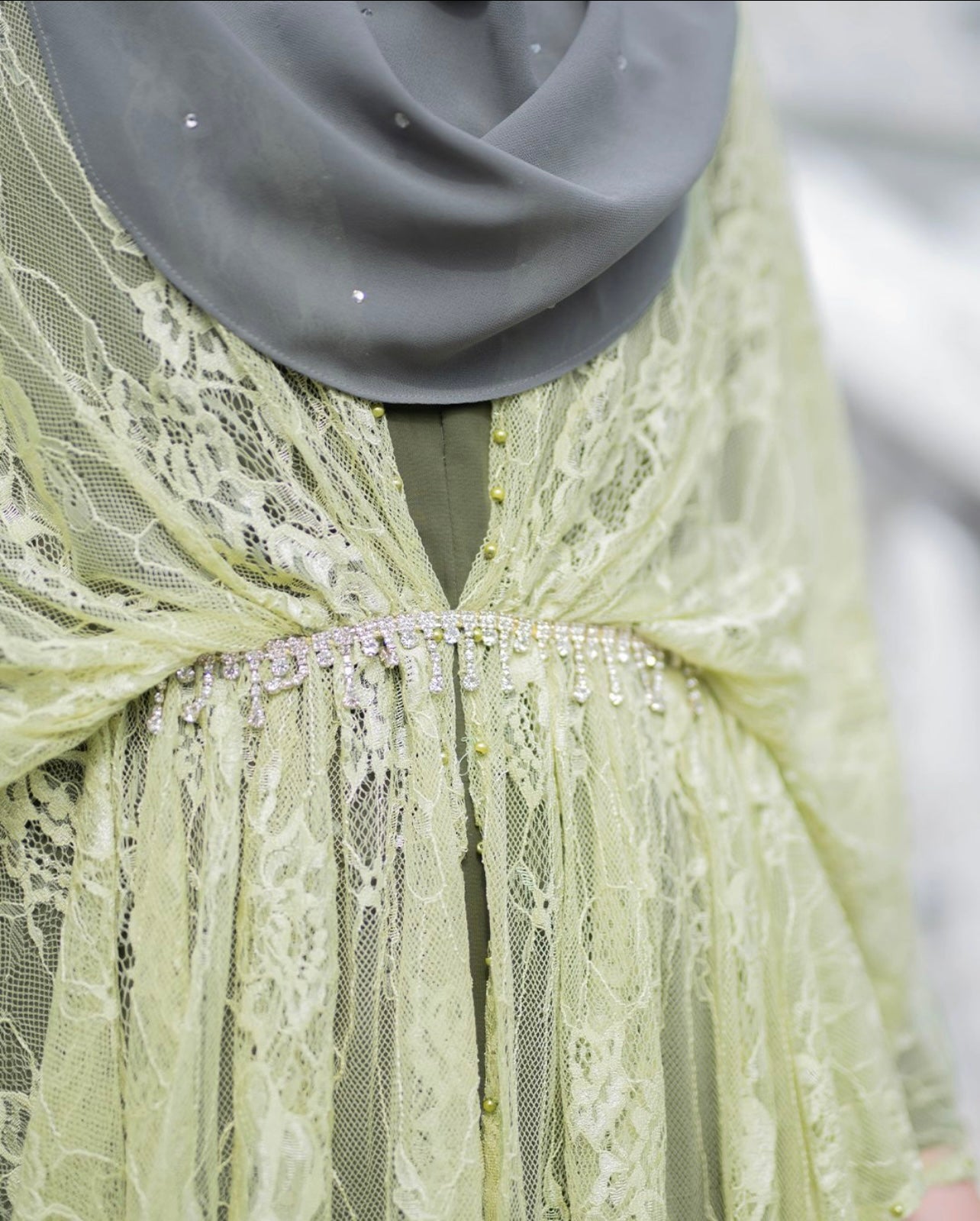 Army Green Ruffled Lace Abaya